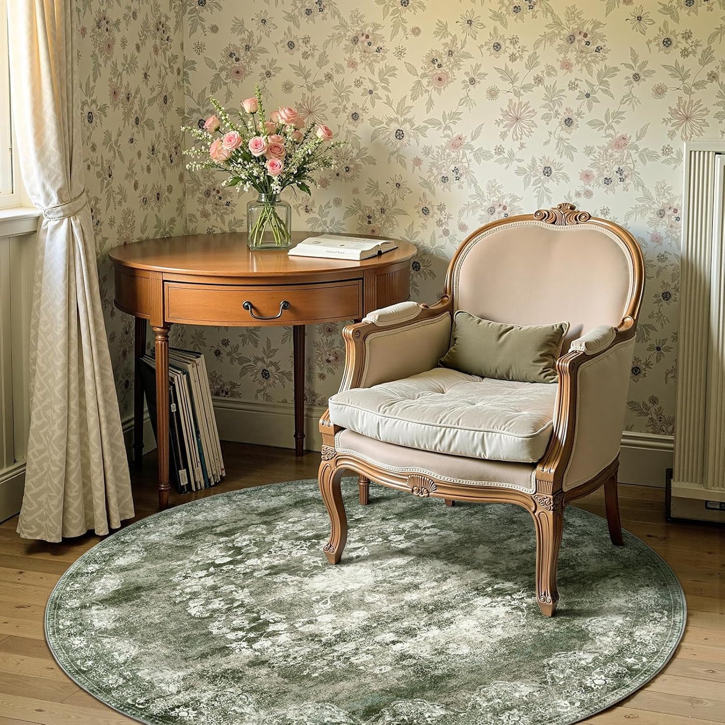 jinchan Round Rug 5ft Area Rug - Green Vintage Floor Mat Kitchen Indoor - Washable Circle 5' Thin Floral Print Carpet Retro Farmhouse Non Slip Dining Room Living Room Bedroom Office