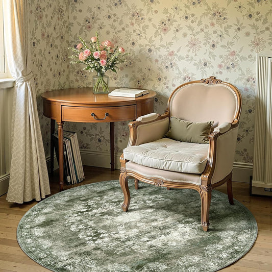 jinchan Round Rug 5ft Area Rug - Green Vintage Floor Mat Kitchen Indoor - Washable Circle 5' Thin Floral Print Carpet Retro Farmhouse Non Slip Dining Room Living Room Bedroom Office