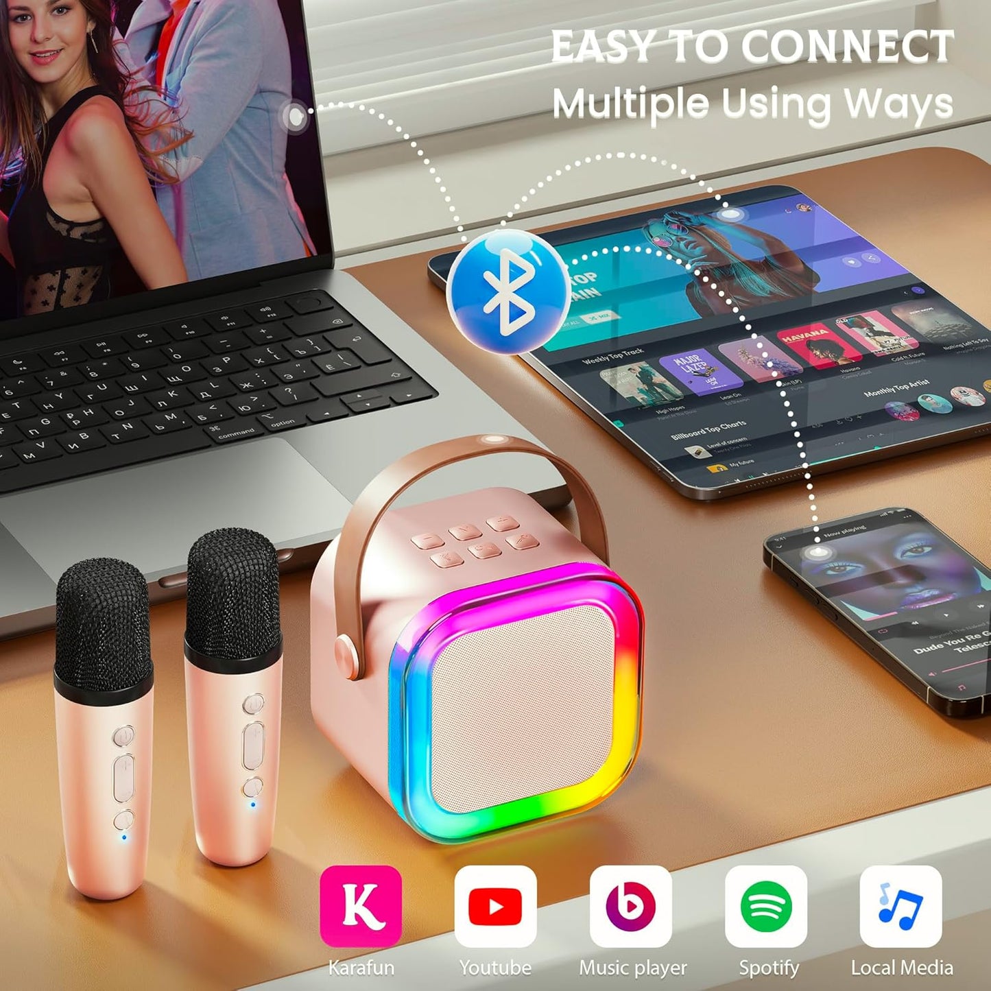 IROO Mini Karaoke Machine for Kids, 2025 TOP Toys Birthday Gifts Ideas for Girls Ages 4, 5, 6, 7, 8, 9, 10, 12+ Years Old, Portable MP3 Player with 2 Wireless Mics for Party