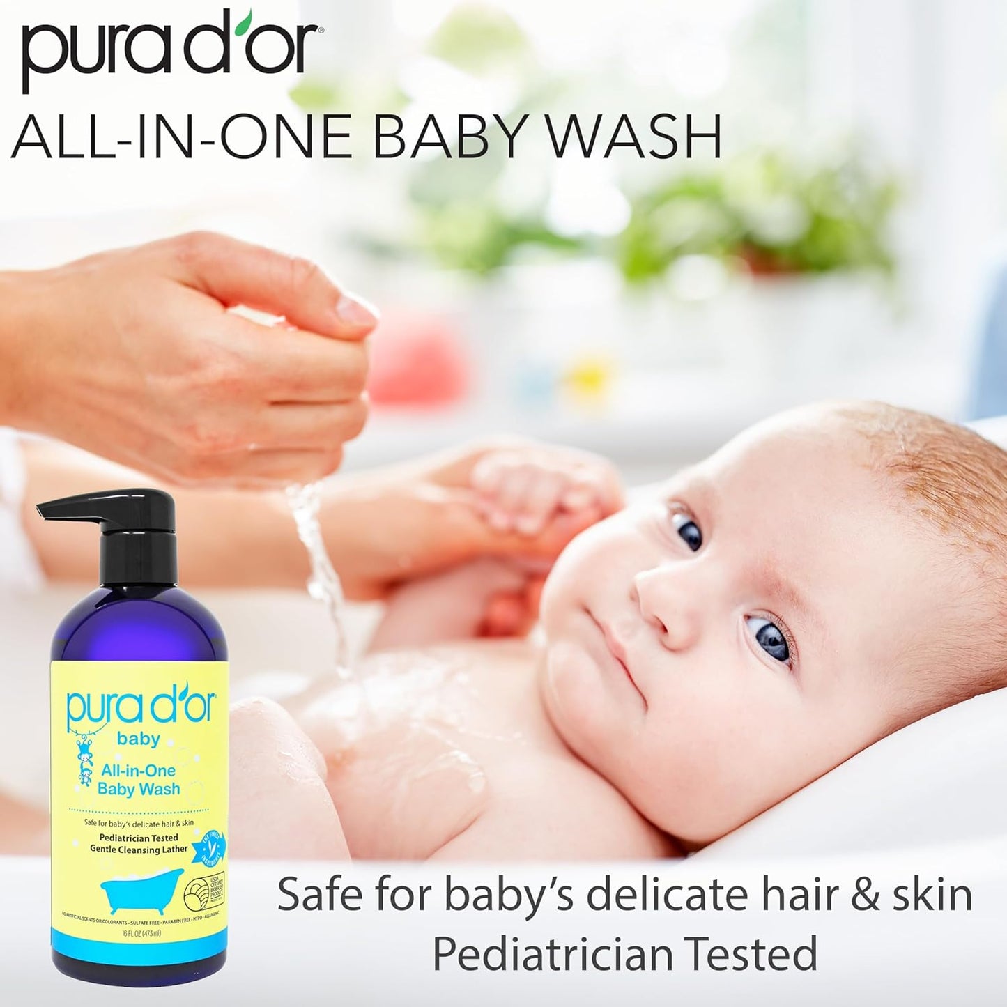 PURA D'OR All-in-One Baby Wash (16 Oz x3 = 48 Oz) USDA Biobased, Zero Sulfates, No Artificial Scents, Tear-Less, Hypoallergenic, Gentle, Calming 2-in-1 Baby Bath Wash & Shampoo