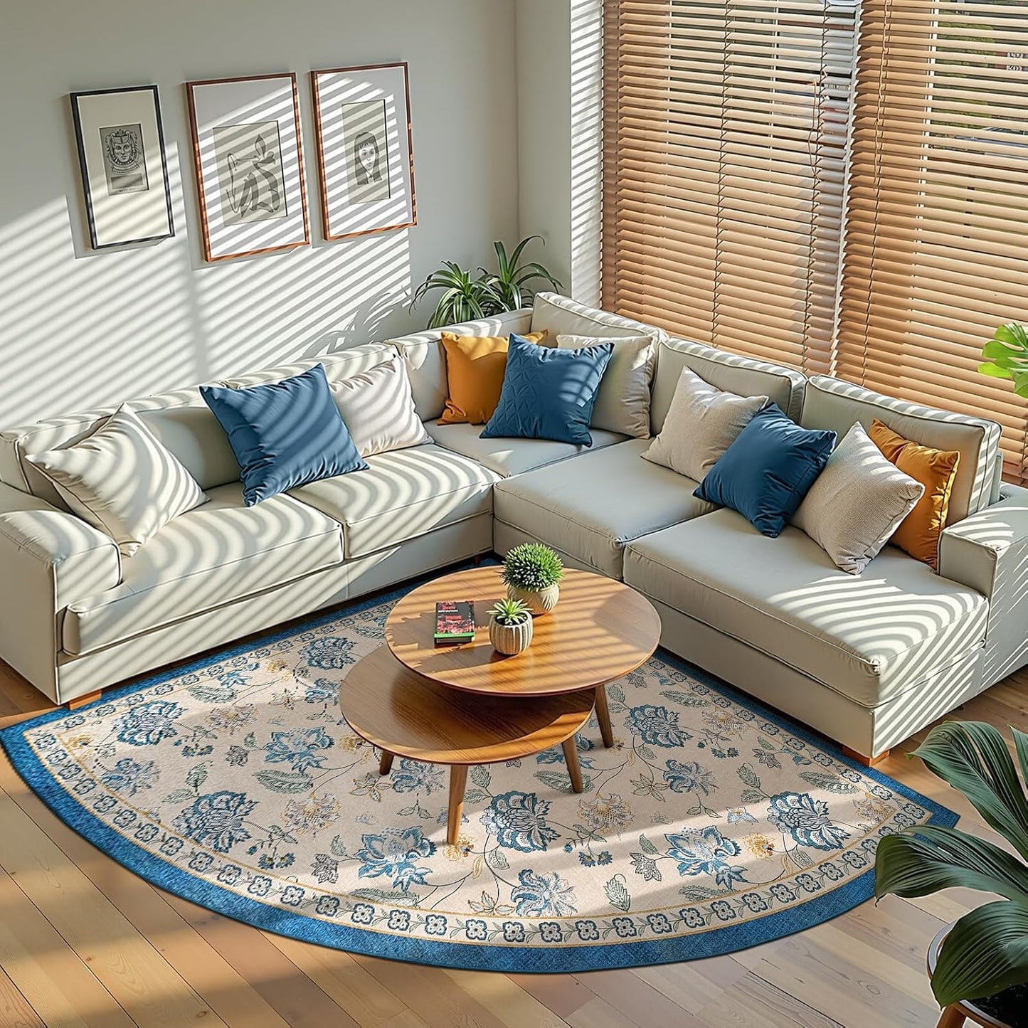 jinchan Floral Corner Rug for Living Room Washable Bedroom Rug Vintage Romance Design Non Slip Quarter Circle Lightweight Low-Pile Throw Carpet for Reading Nook Playroom,6ft Radius, Blue/Beige