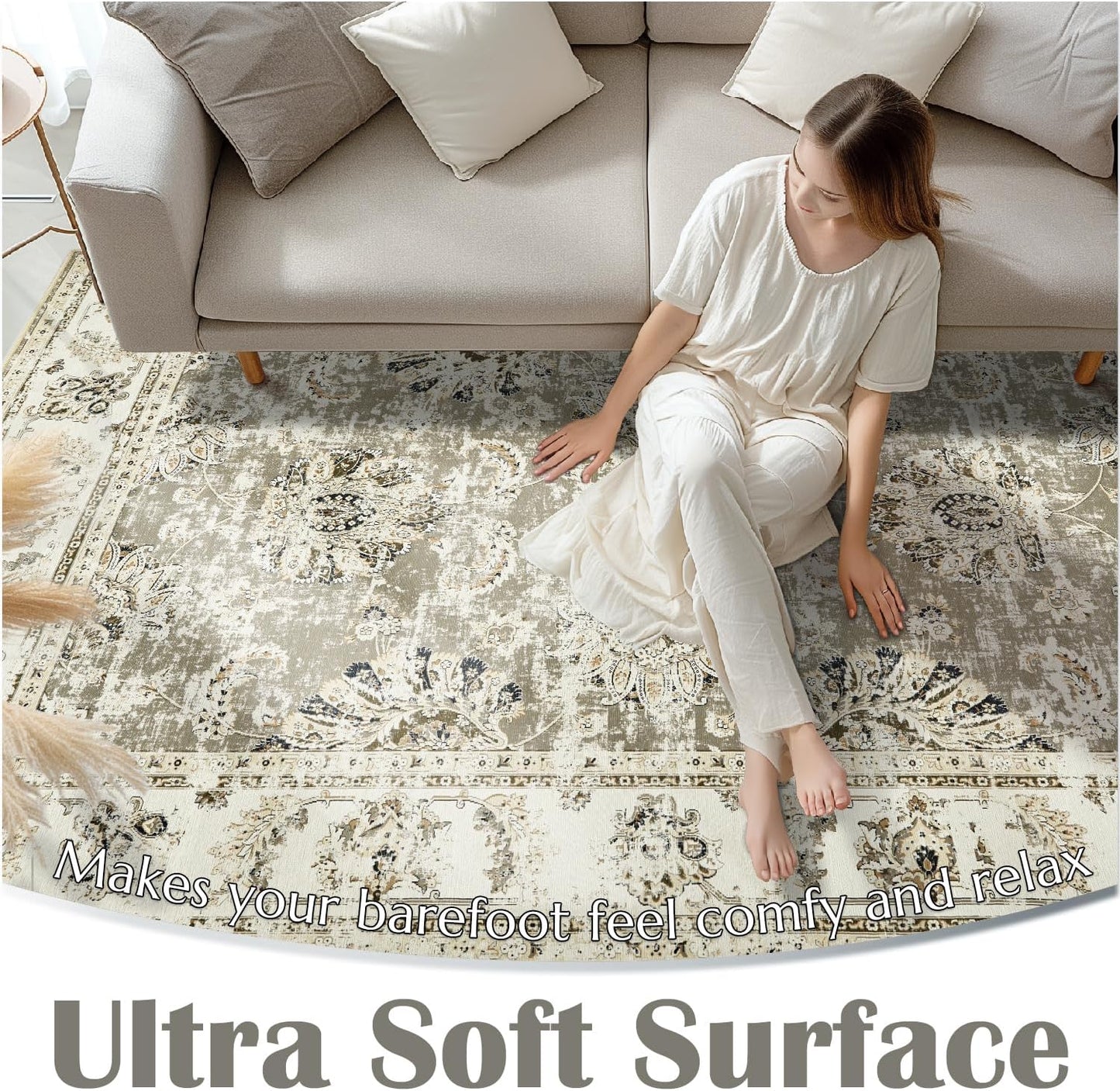 jinchan Washable Area Rug 4x6 Ultra-Thin Low Pile Non Slip Stain Resistant Soft Faux Wool Floral Rug Distressed Boho Vintage Carpet for Bedroom,Living Room,Dining Room,Kitchen,Nursery(Taupe, 4' x 6')