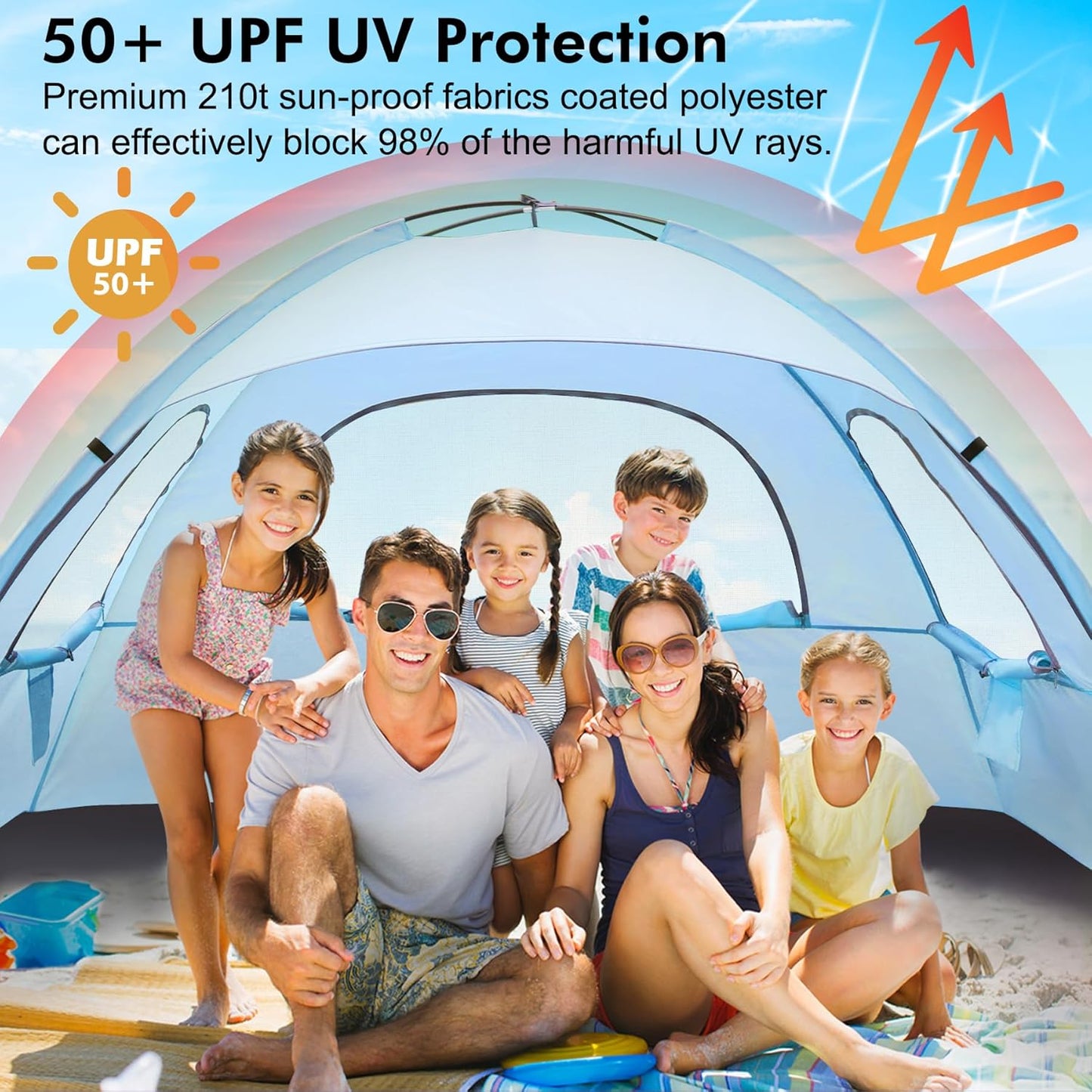 WhiteFang Beach Tent Anti-UV Portable Sun Shade Shelter for 3/4/6/8 Person, Extendable Floor with 3 Ventilating Mesh Windows Plus Carrying Bag, Stakes and Guy Lines