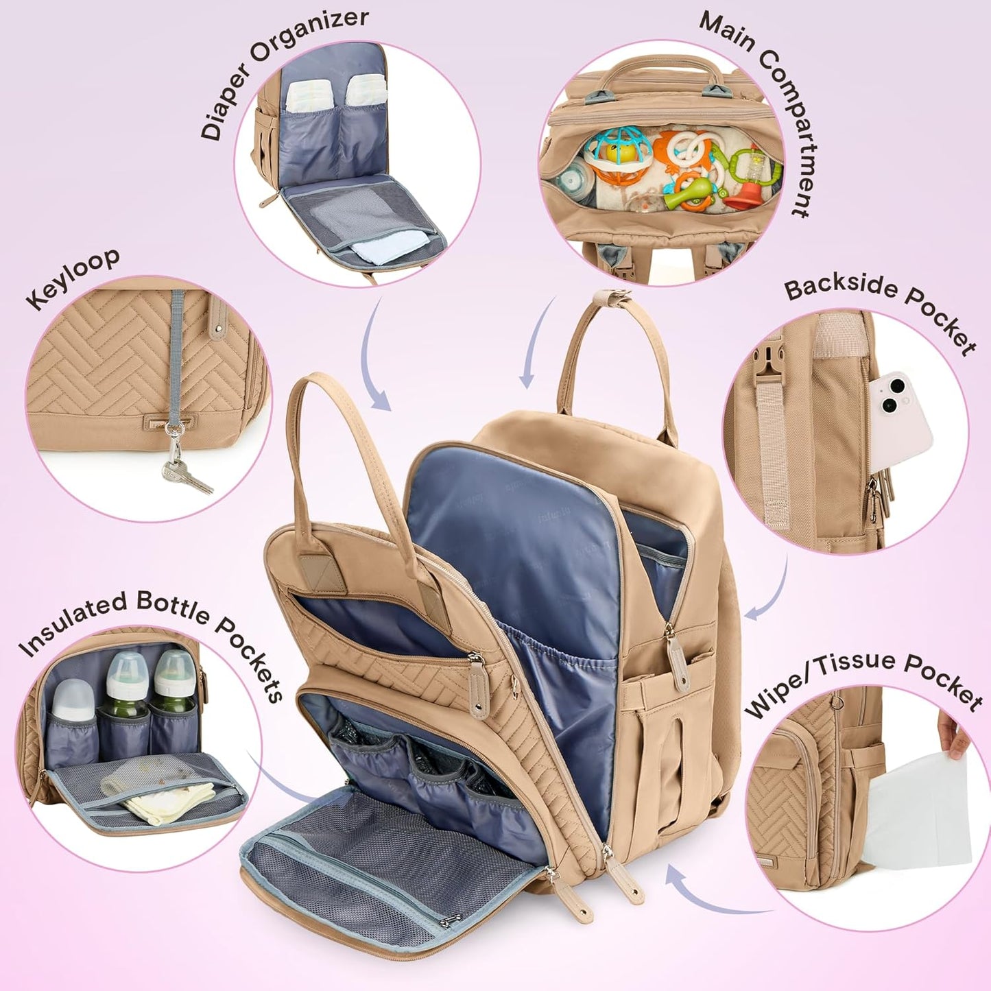 iniuniu Diaper Bag Backpack, 4 in 1 kit Large Unisex Baby Bags for Boys Girls, Waterproof Travel Back Pack with Diaper Pouch