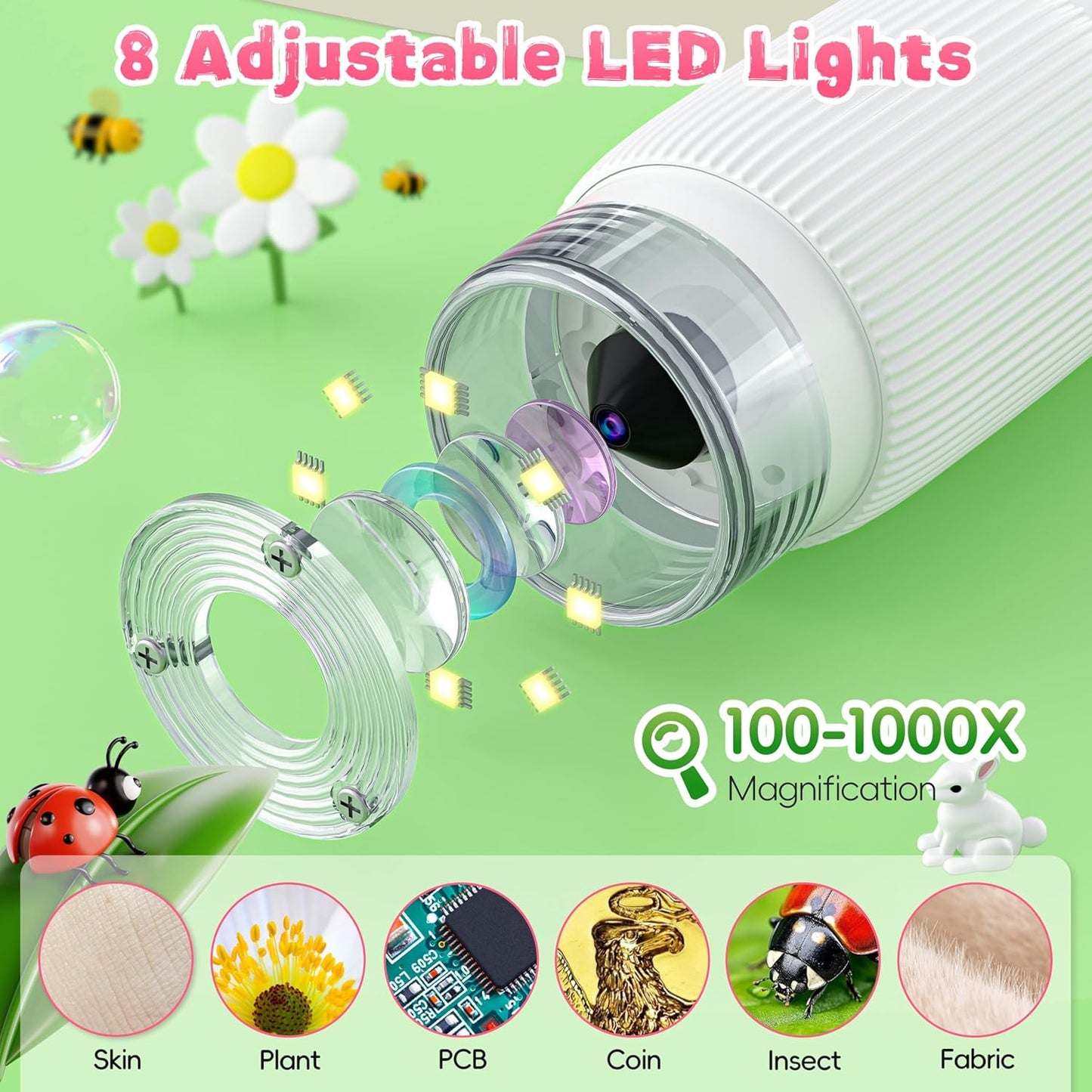 Microscope for Kids, Ahalfcit Microscope with 2'' Inch Screen -1000X Zoom Portable Camera, Birthday for 3 4 5 6 7 8 9 0 11 12 Years Old Kids,Science Educational Toys - White