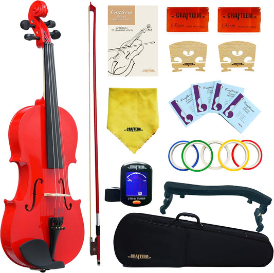 4/4 Full Size Fiddle Red Colored Premium Violin Outfit for Beginners Adults Kids With 5 Color Fingering Tape- Handcrafted Student Beginner Violin.