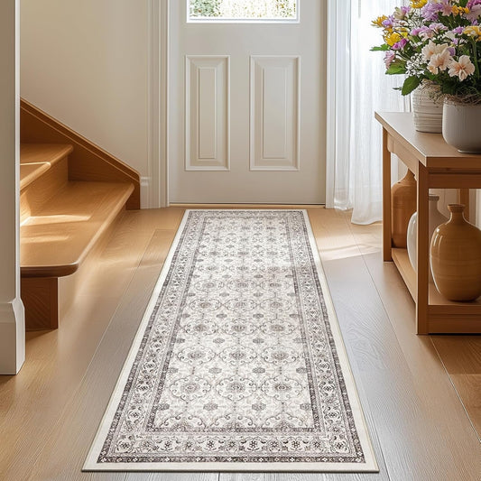jinchan Runner Rug 2x7 - Machine Washable Beige Vintage Floral Distressed Design Soft Non-Slip Low-Pile Ultra-Thin Runner Rug for Kitchen Hallway Laundry Room Entryway Farmhouse (2‘x7',Beige)