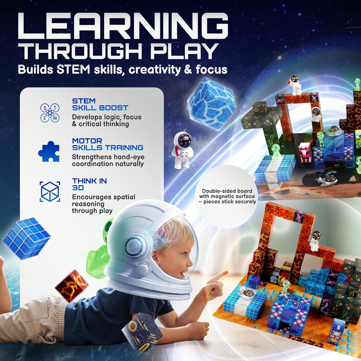 181 PCS Magnetic Blocks | Magnetic Building Blocks for Kids Age 3+ | Exclusive Magnetic Space Cubes with Custom LED | Magnet Blocks for Boys & Girls, STEM Sensory Educational Gift