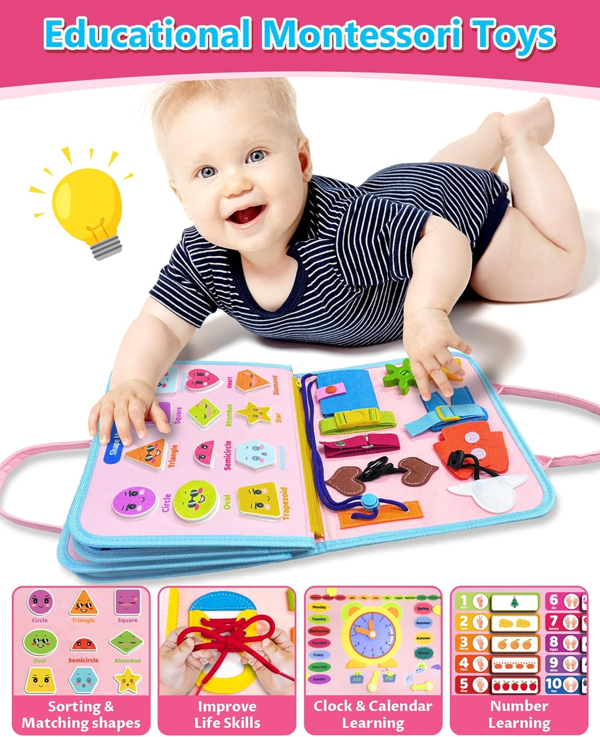 Exorany Busy Board Montessori Toys for Toddler Girl & Boy Birthday Gifts, Busy Book Learning Sensory Toys for Toddlers, Toddler Travel Toy Educational Activities Learn Fine Motor Skills