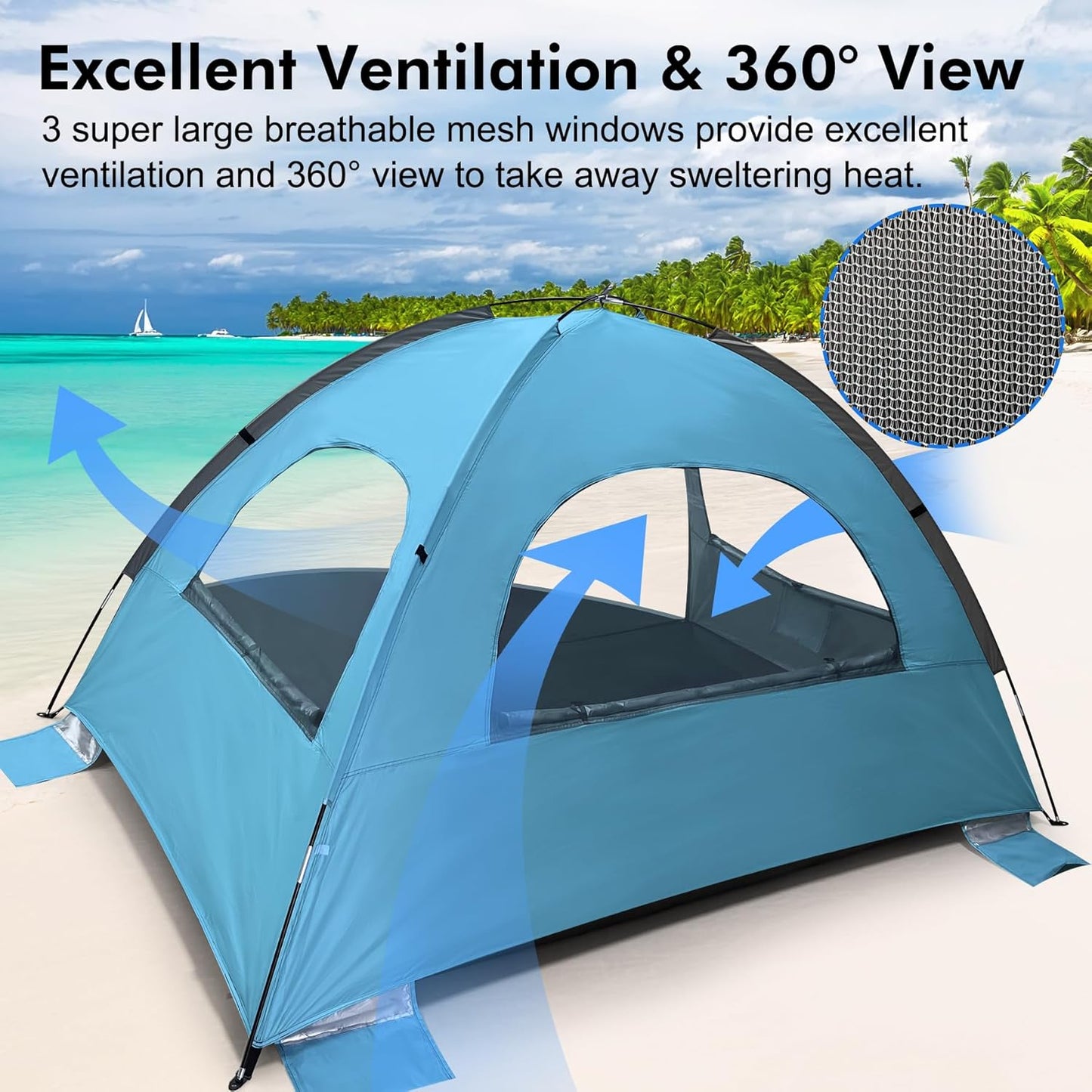 WhiteFang Beach Tent Anti-UV Portable Sun Shade Shelter for 3/4/6/8 Person, Extendable Floor with 3 Ventilating Mesh Windows Plus Carrying Bag, Stakes and Guy Lines