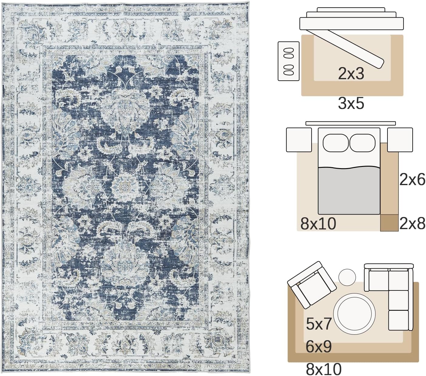 jinchan Floral 3x5 Area Rugs for Entryway - Machine Washable Taupe Vintage Distressed Design Doormat Non-Slip Ultra-Thin Low Pile Boho Rug for Kitchen Living Room Bedroom Farmhouse (3‘x5',Dark Blue)