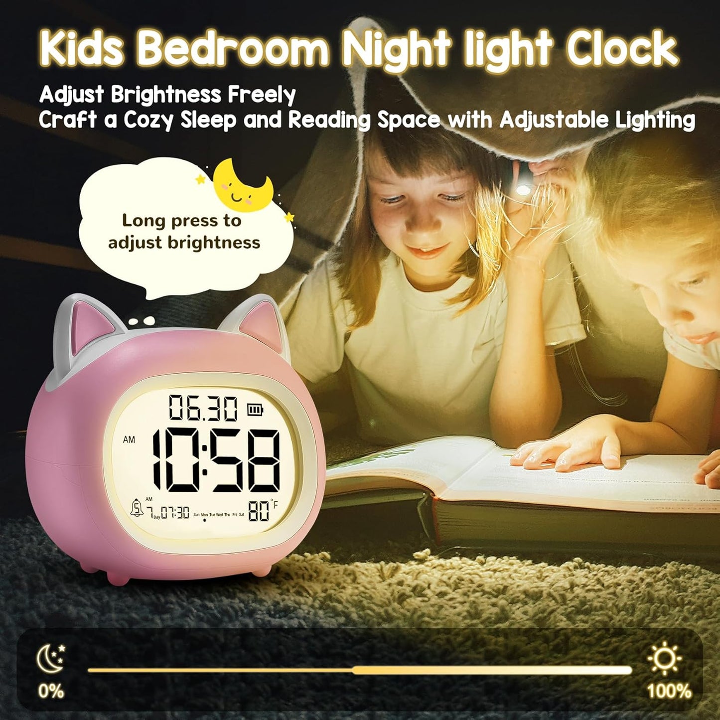 Kids Alarm Clock with Night Light for Kids, Small Digital Alarm Clocks for Bedrooms, Routine Builder, Cute Cat Alarm Clock with Sleep Training, Snooze, 12/24H, Date & Day, Temperature, USB Port