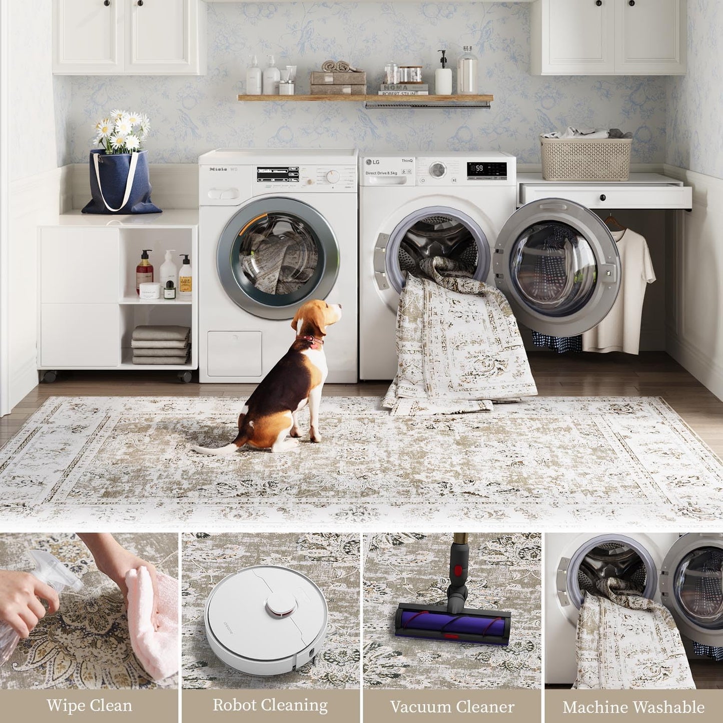 jinchan 9x12 Area Rugs for Living Room - Machine Washable Vintage Floral Distressed Design Stain Resistant Carpet Low Pile Non-Slip Large Rug for Bedroom Dining Room Home Office (9‘x12',Taupe)