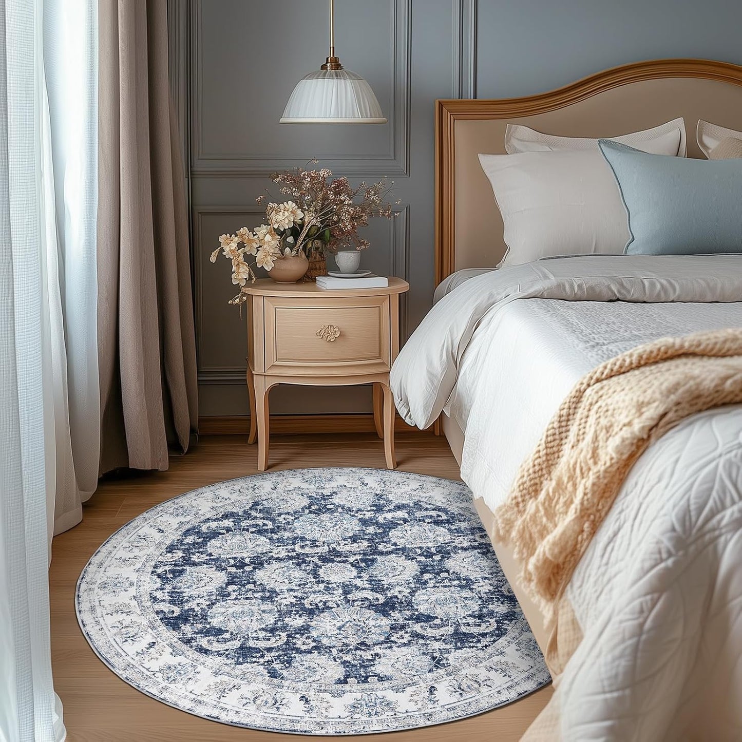 jinchan Round Rug 5ft Area Rugs Vintage Floral Distressed Design - Machine Washable Non-Slip Low-Pile Ultra-Thin Circle Rug for Entryway Bedside Living Room Dining Room Bedroom (5' Round,Dark Blue)