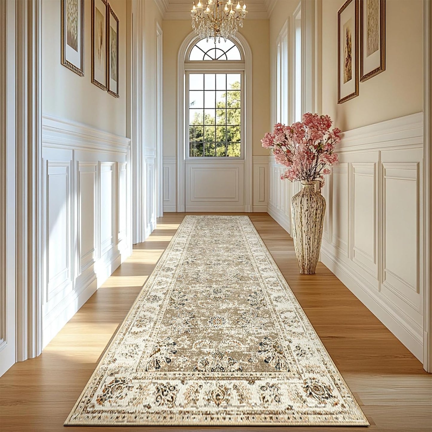 jinchan Hallway Runner Rug 2x10 Machine Washable Runner Rug Taupe Vintage Floral Design Non-Slip Ultra-Thin for Kitchen Laundry Room Bedroom Farmhouse (2‘x10',Taupe)