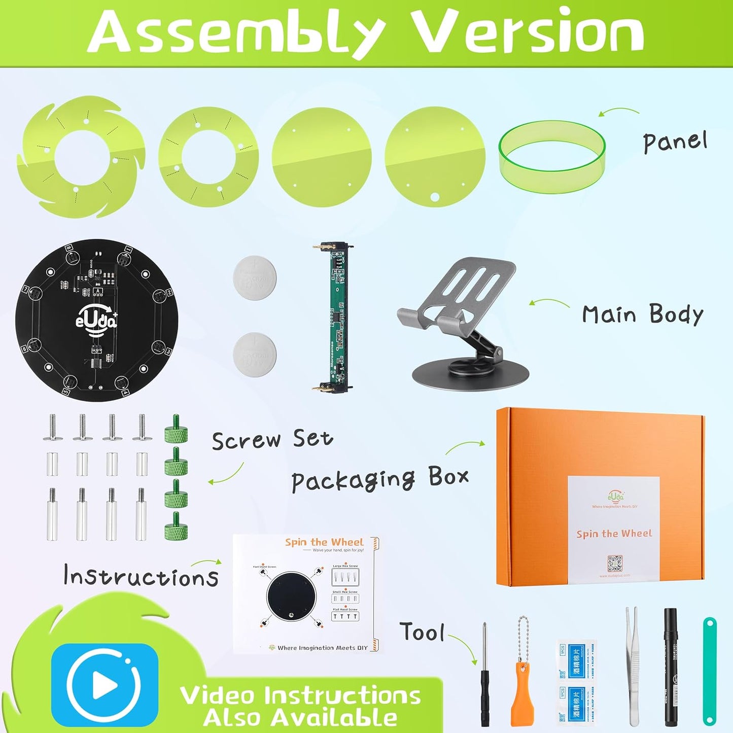 STEM DIY Toys Hand Assembly Electronic Spin The Wheel | Science Craft Kit for Kids Ages 8-9-10-11-12-13-14-15+ Years Old | Educational Gifts for Boys&Girls | Video Guide | (Round-Fluorescent Green)