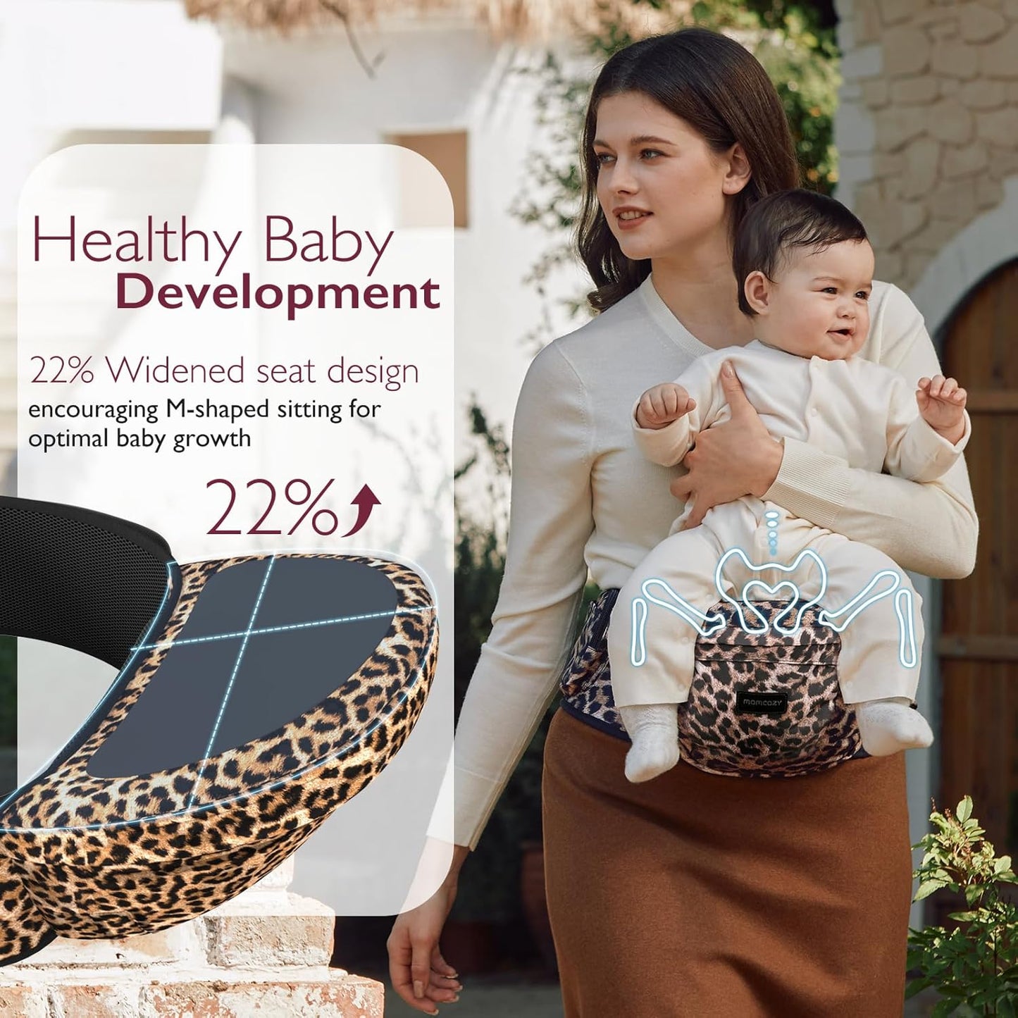 Momcozy Hip Seat Baby Carrier - Adjustable Waistband with Original 3D Belly Protector, Ergonomic Carrier with Various Pockets for Newborns & Toddlers up to 45lbs (Leopard, Large)