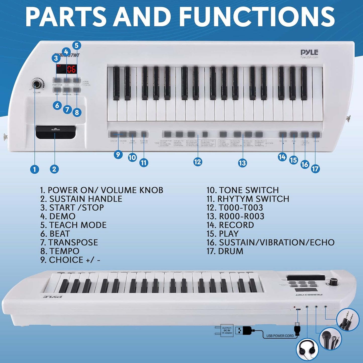 Pyle, Portable Digital Electronic Keyboard Piano 37 Keys with Microphone & Carry Strap, Built-in Sustain Controller, Rechargeable Battery-Karaoke Keyboard Compact Musical Keytar White