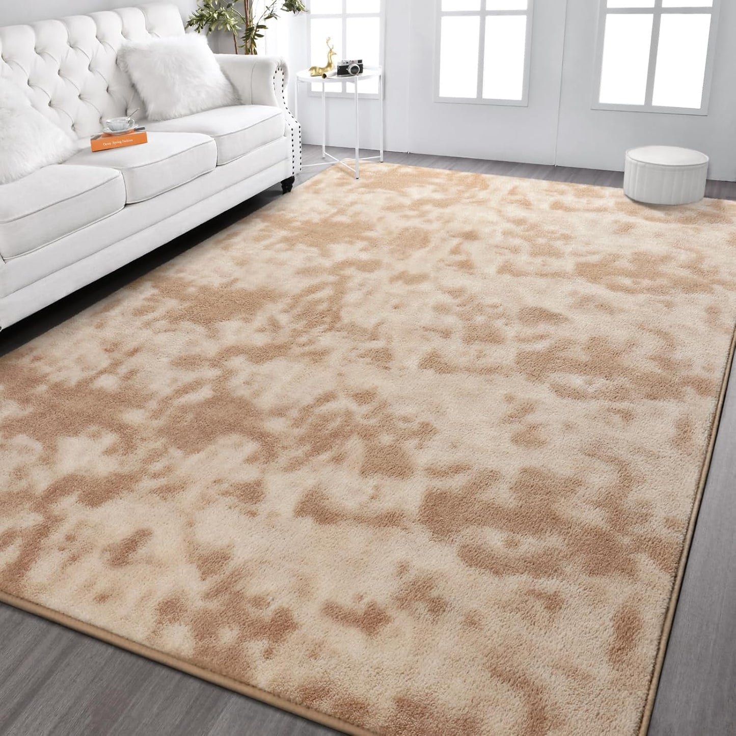 Kimicole 5x8 Washable Area Rugs for Bedroom Living Room, Low Pile Ulta-Thin Solid Color Rug, Non-Slip Soft Fluffy Carpet for Nursery Kids Room Dorm Room Home Decor (Light Tan)