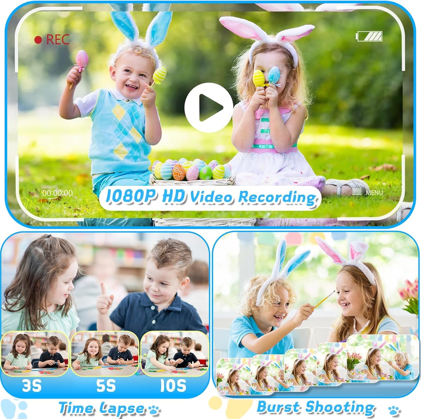 Kids Camera with Rotating Zoom Lens, 3.5” Large Screen, 1080P Kids Digital Camera with Flash,Selfie, 32GB Card, Toddler Toy Camera Christmas Birthday Gifts for Boys Girls 3-12 Years Old-Blue