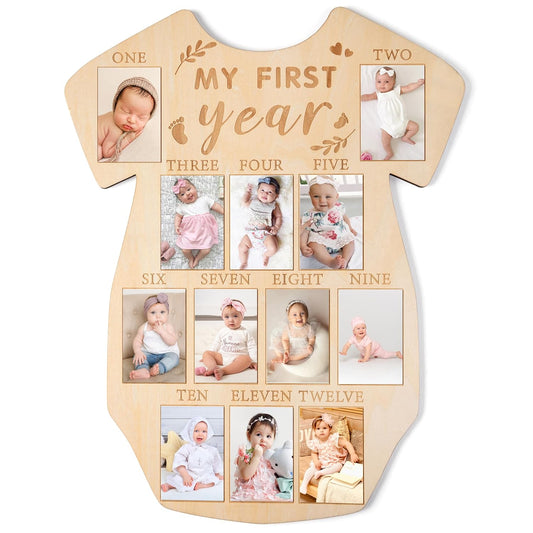 R HORSE My First Year Photo Display Wood Board, Baby’s First Year Picture Frame 12 Months Milestone Sign Bodysuit Shape 1st Birthday Photo Frame Baby Keepsake Board Nursery Decor Gift for Boy Girl