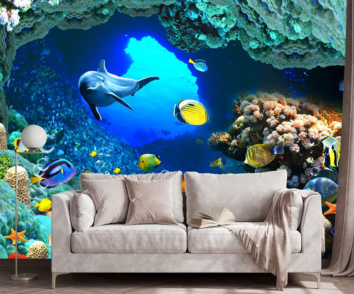 The Undersea World Wallpaper Ocean Dolphin Fish Wall Mural Large Wall Decor for Living Room Bedroom Dining Room(Not Self-Adhesive)