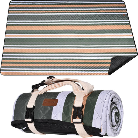 Waterproof Picnic Blanket 80" x 80" in Portable with Carry Strap for Beach Mat or Family Outdoor Camping Party, Park Blanket for Grass Park Hiking Travel Concerts (Dark Green&White&Orange, 80" x 80")