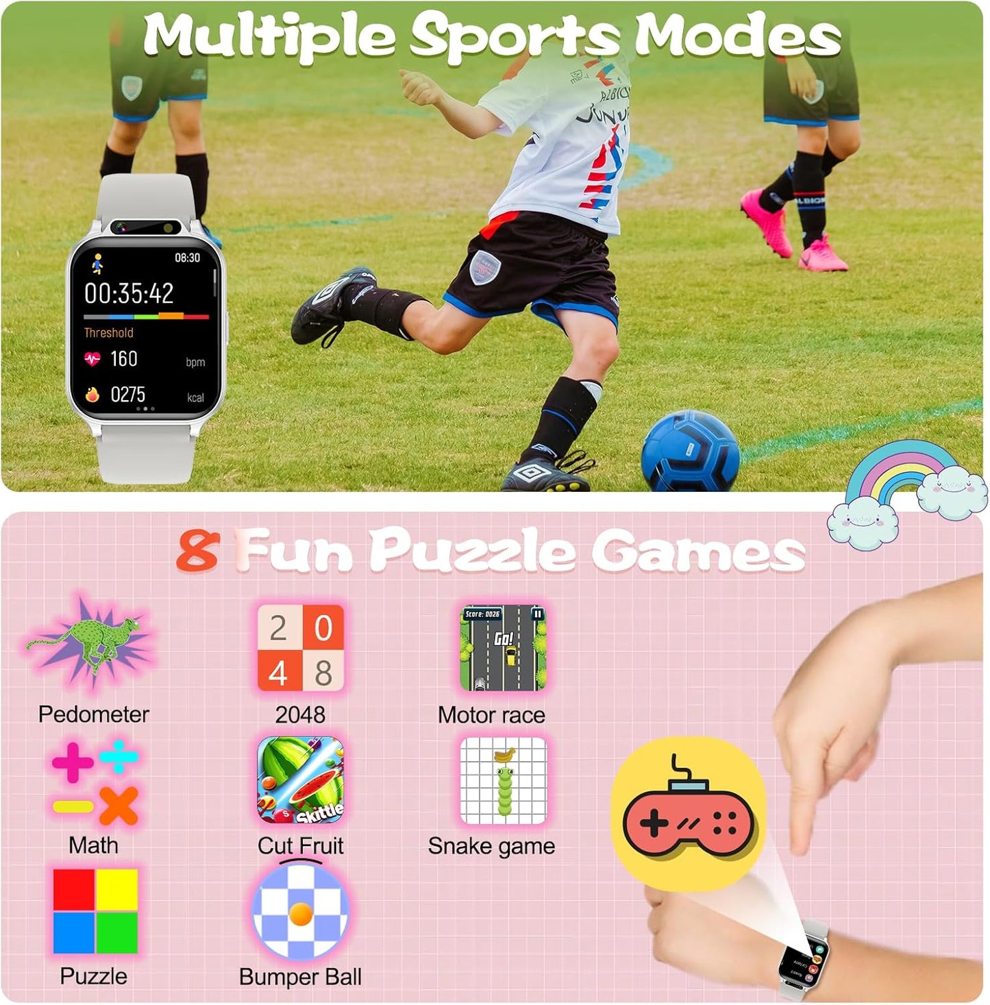 Smart Watch for Kids, 1.85" Fitness Tracker with Heart Rate, Sleep Monitor, IP68 Waterproof Smartwatches with Video Music, Pedometer, Game, NO APP/Phone, Gift for Boys Girls. (Built-in AI, Silver)