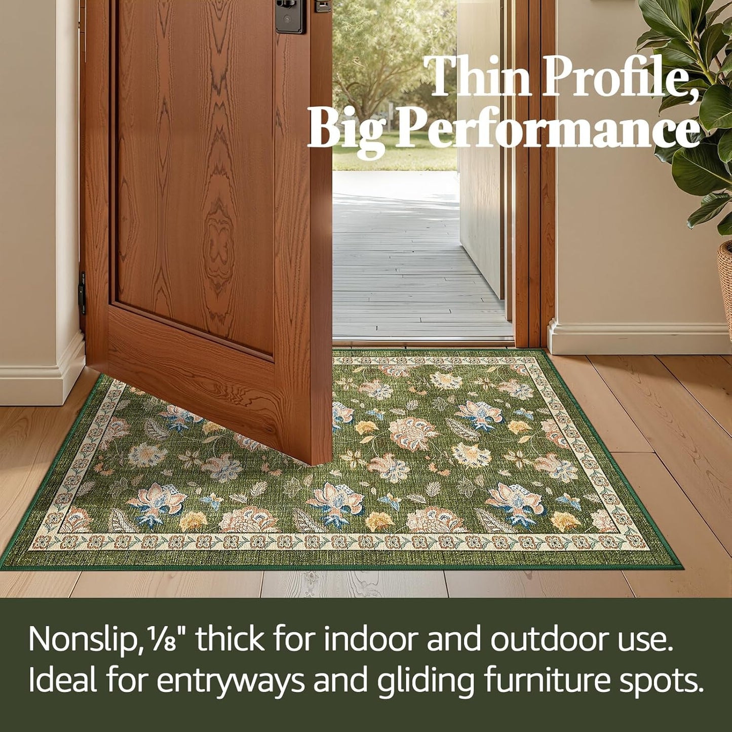 jinchan 2x3 Floral Rug for Entryway Washable Kitchen Rug Vintage Romance Design Small Mat Non Slip Indoor Doormat Lightweight Low-Profile Throw Carpet for Entrance Bathroom Laundry Room, Green