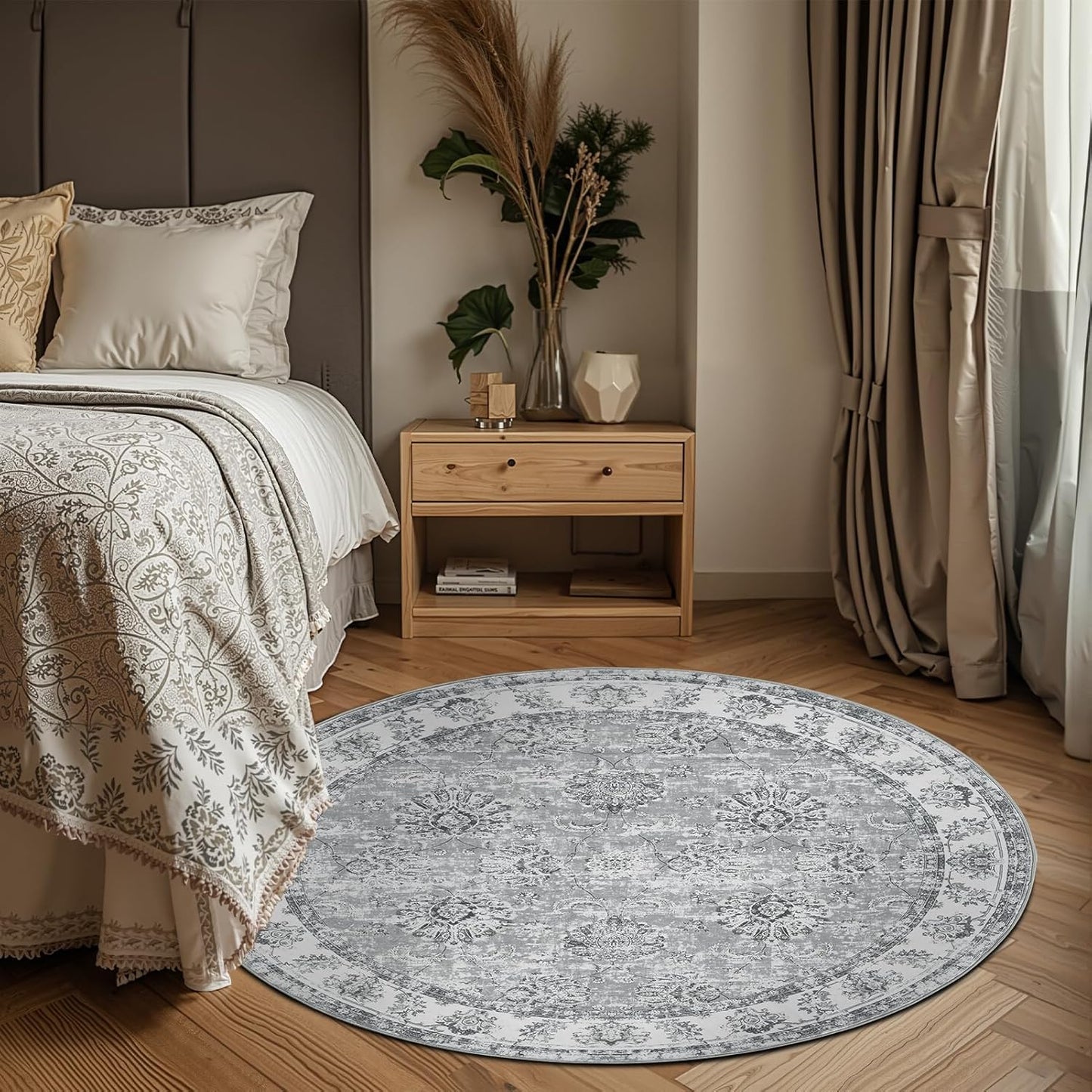 jinchan Round Rug 5ft Area Rug - Indoor Vintage Hallway Circle 5' Washable - Ultra-Thin Low Pile Soft Small Non Slip Distressed Floral Print for Living Room Dining Room Bedroom Entryway Grey