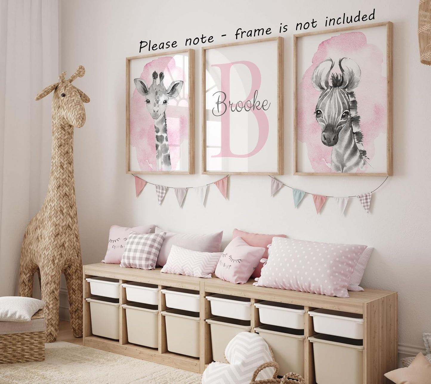 Safari Animals Set of 3 Unframed Poster Prints for Baby Girls Nursery Bedroom Playroom, Personalized Name, Choice of 12 Animals, Pink Purple (11x14)
