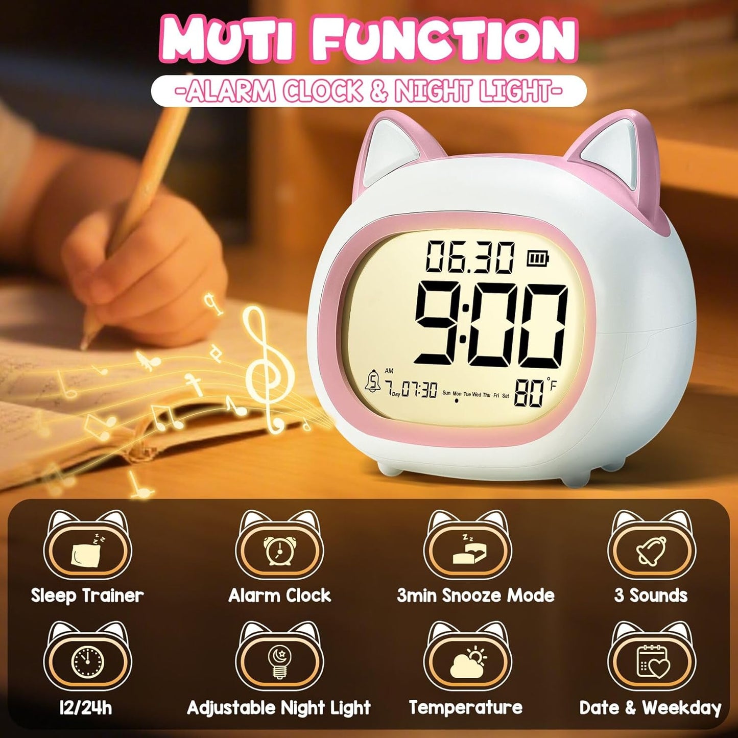 Kids Alarm Clock with Night Light for Kids, Small Digital Alarm Clocks for Bedrooms, Routine Builder, Cute Cat Alarm Clock with Sleep Training, Snooze, 12/24H, Date & Day, Temperature, USB Port