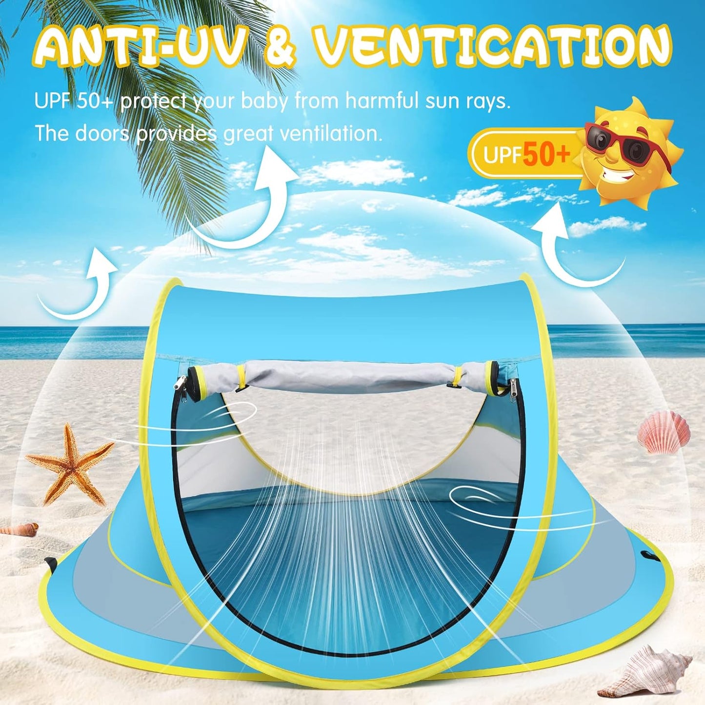 Baby Beach Tent,Large Pop Up Beach Tent Sun Shade for Beach,Portable Baby Travel Tent with Mosquito Net,Indoor Baby Play Tent,UPF 50+ UV Protection Sun Shelters for Infants