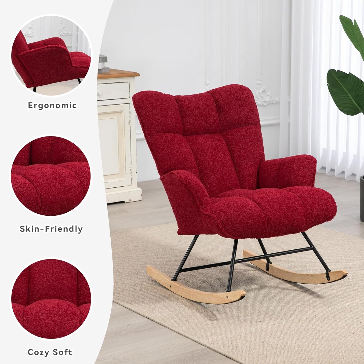 Rocking Chair Nursery Teddy Upholstered Glider Rocker Rocking Accent Chair Padded Seat with High Backrest Armchair Comfy Side Chair for Living Room Bedroom Offices (Burgundy Teddy)