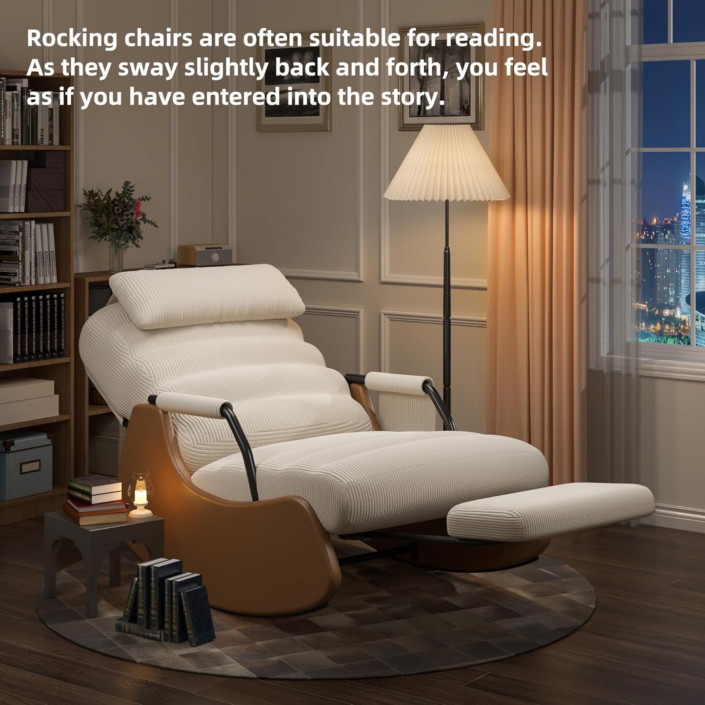 Polar Aurora Nursery Rocking Chairs with Soft Seat and Headrest,Corduroy Fabric Accent Chair with Side Pocket,Glider Rocking Chair for Bedroom/Living Room/Nursery(Beige/Brown)