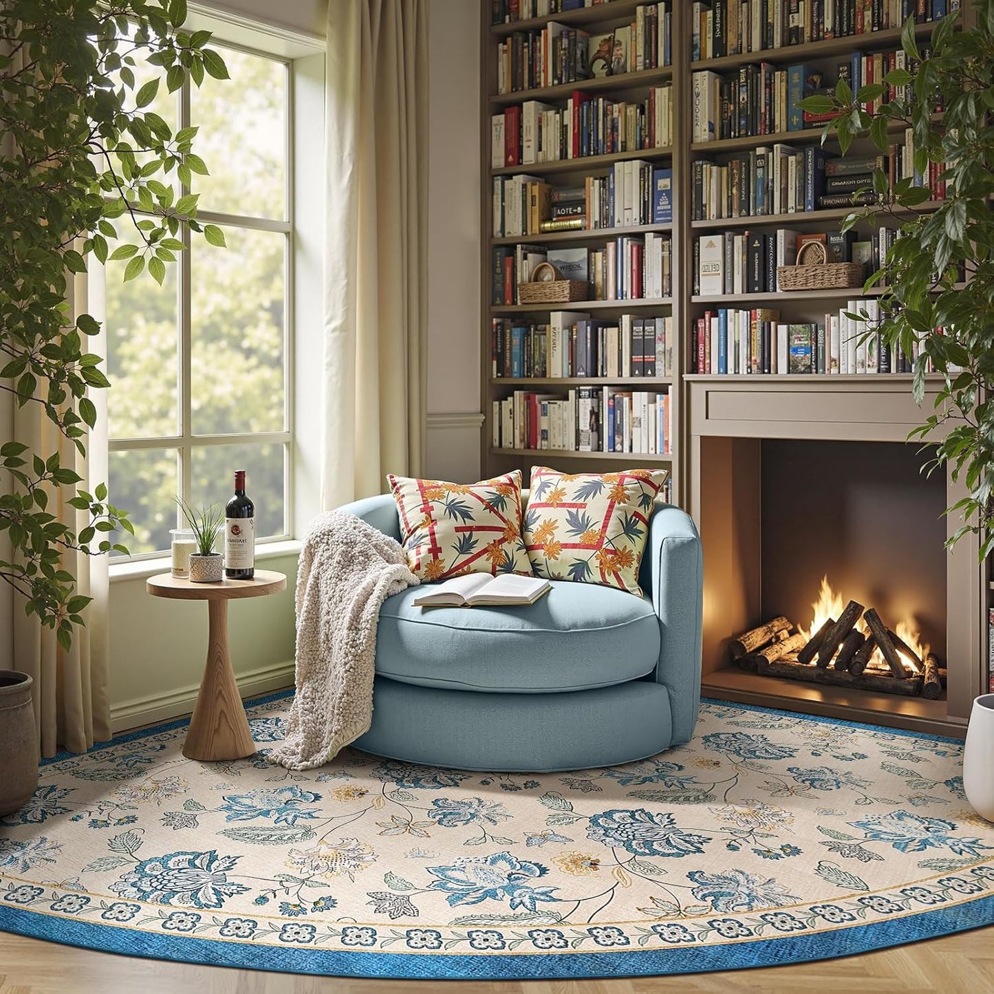 jinchan Floral Corner Rug for Living Room Washable Bedroom Rug Vintage Romance Design Non Slip Quarter Circle Lightweight Low-Pile Throw Carpet for Reading Nook Playroom,7ft Radius, Blue/Beige