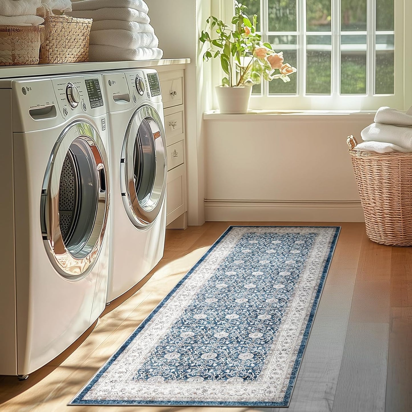 jinchan Runner Rug 2x7 - Machine Washable Dark Blue Vintage Floral Distressed Design Soft Non-Slip Low-Pile Ultra-Thin Runner Rug for Kitchen Hallway Laundry Room Entryway Farmhouse (2‘x7',Dark Blue)