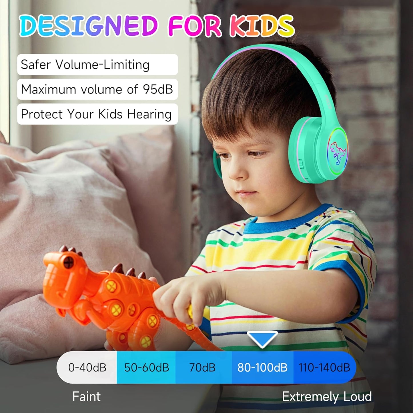IFECCO Wireless Kids Boys Girls Headphones with Microphone,Cute Light Up Dinosaur Children Bluetooth Headphones Volume-limiting for for School Travel,Boys Girls Gifts for 3-15years