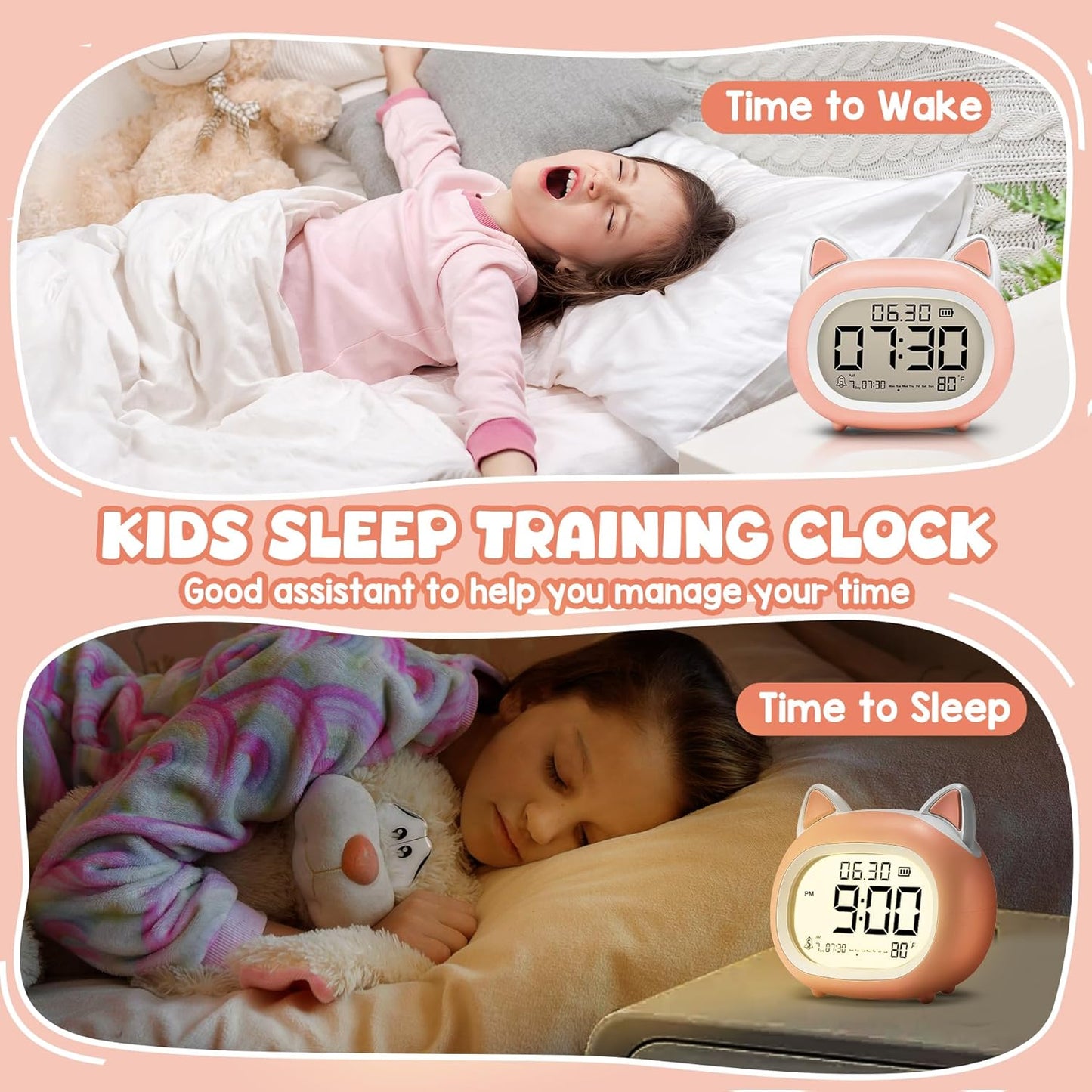 Kids Alarm Clock with Night Light for Kids, Small Digital Alarm Clocks for Bedrooms, Routine Builder, Cute Cat Alarm Clock with Sleep Training, Snooze, 12/24H, Date & Day, Temperature, USB Port