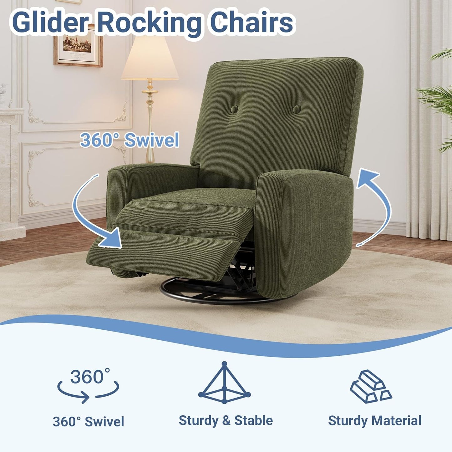 Recliner Chairs, Swivel Rocker Recline, Glider Recliner Nursery Chair for Adults, 360° Swivel Glider Rocking Chair for Living Room, Bedroom, Office, RV, Small Spaces, Corduroy, Green