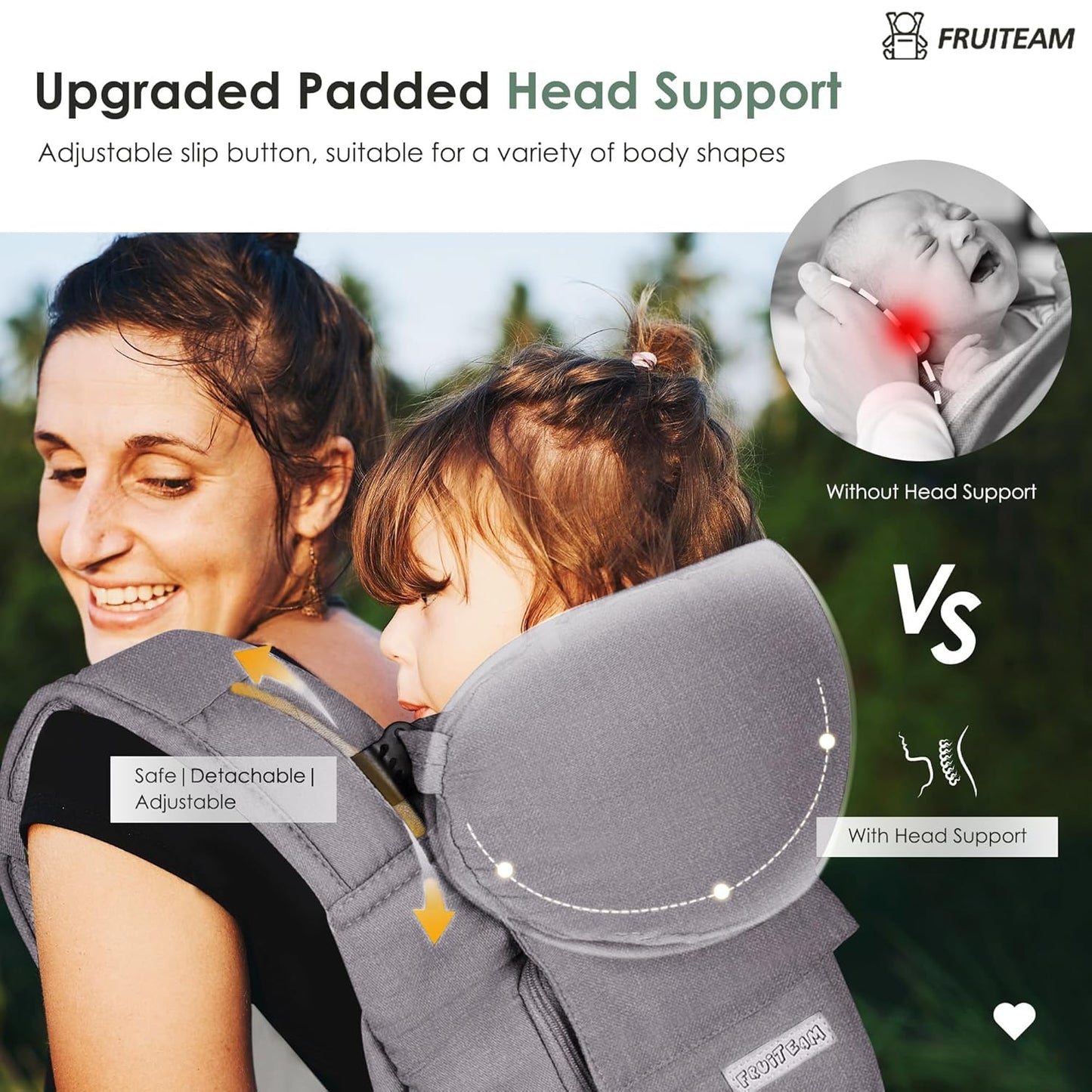 FRUITEAM Baby Carrier Newborn to Toddler, Safety-Certified Baby Waist Stool, Ergonomic 6-in-1 Baby Carrier with Head Support, Adjustable & Removable Baby Holder for All Seasons, Dark Grey