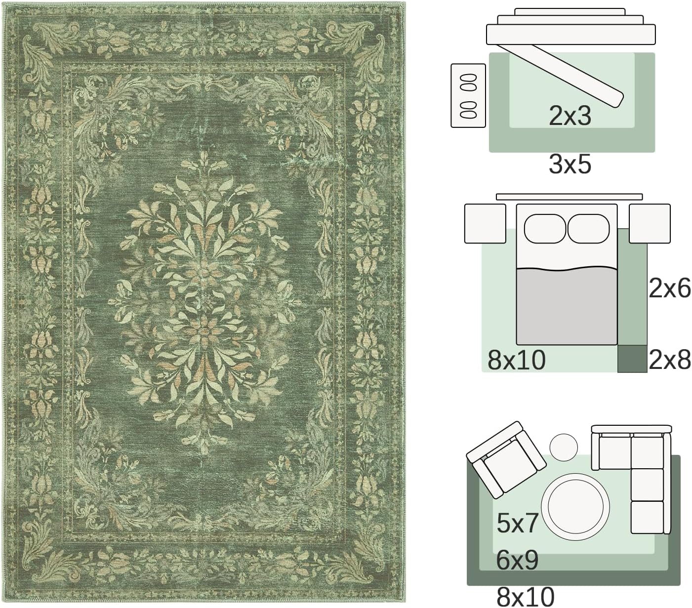 jinchan Green Floral 8x10 Area Rugs for Living Room - Machine Washable Vintage Distressed Design Soft Throw Rug Non-Slip Large Carpet for Bedroom Nursery Dining Room Home Office (8x10ft,Dark Green)