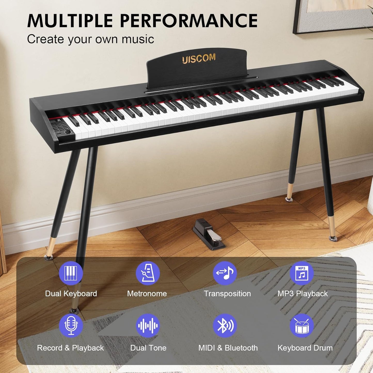 Digital Piano Keyboard for Beginners,Full Size 88 Key Semi-Weighted Keyboard Electric Piano with Stand,Power Adapter,Sheet Music Stand,Pedal,Headphone,USB-MIDI Compatibility,Wood Black