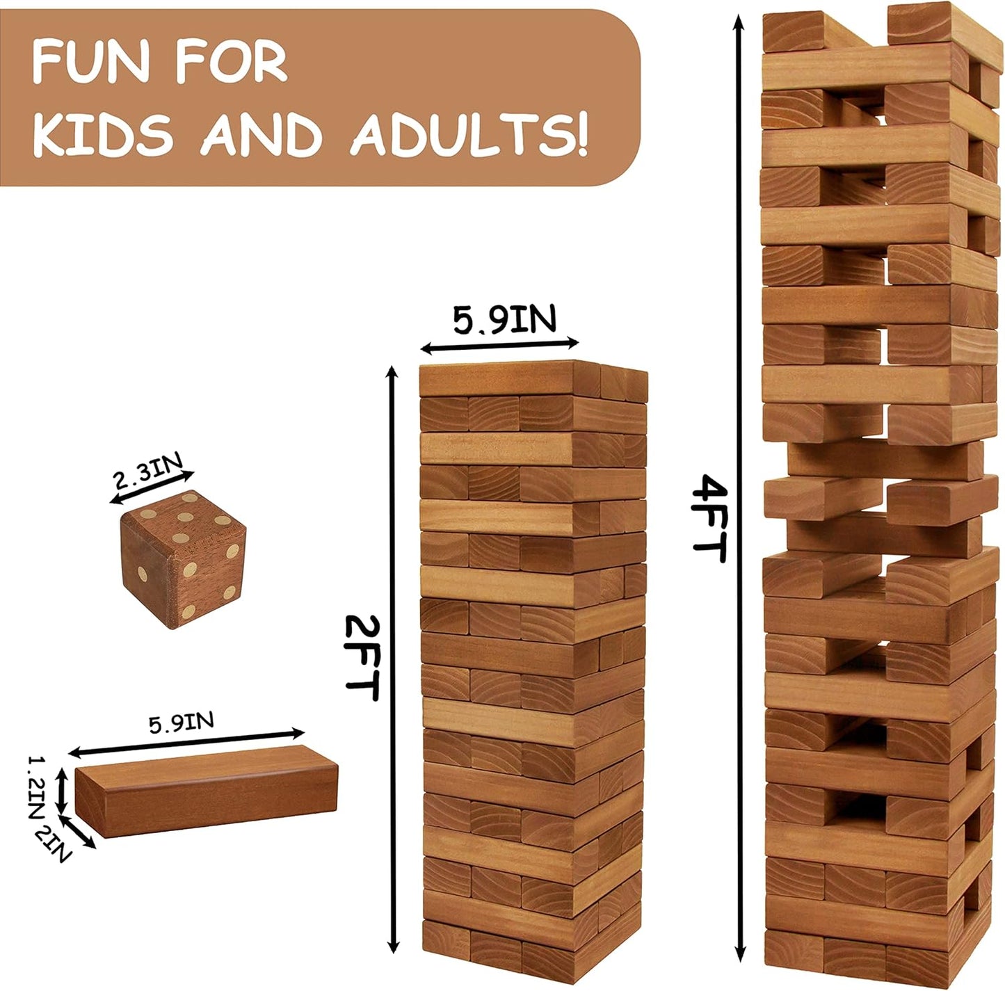 Juegoal 54 Pieces Giant Tumble Tower Blocks Game Giant Wood Stacking Game with 1 Dice Set, Gameboard, Canvas Bag for Adult, Kids, Family, Brown