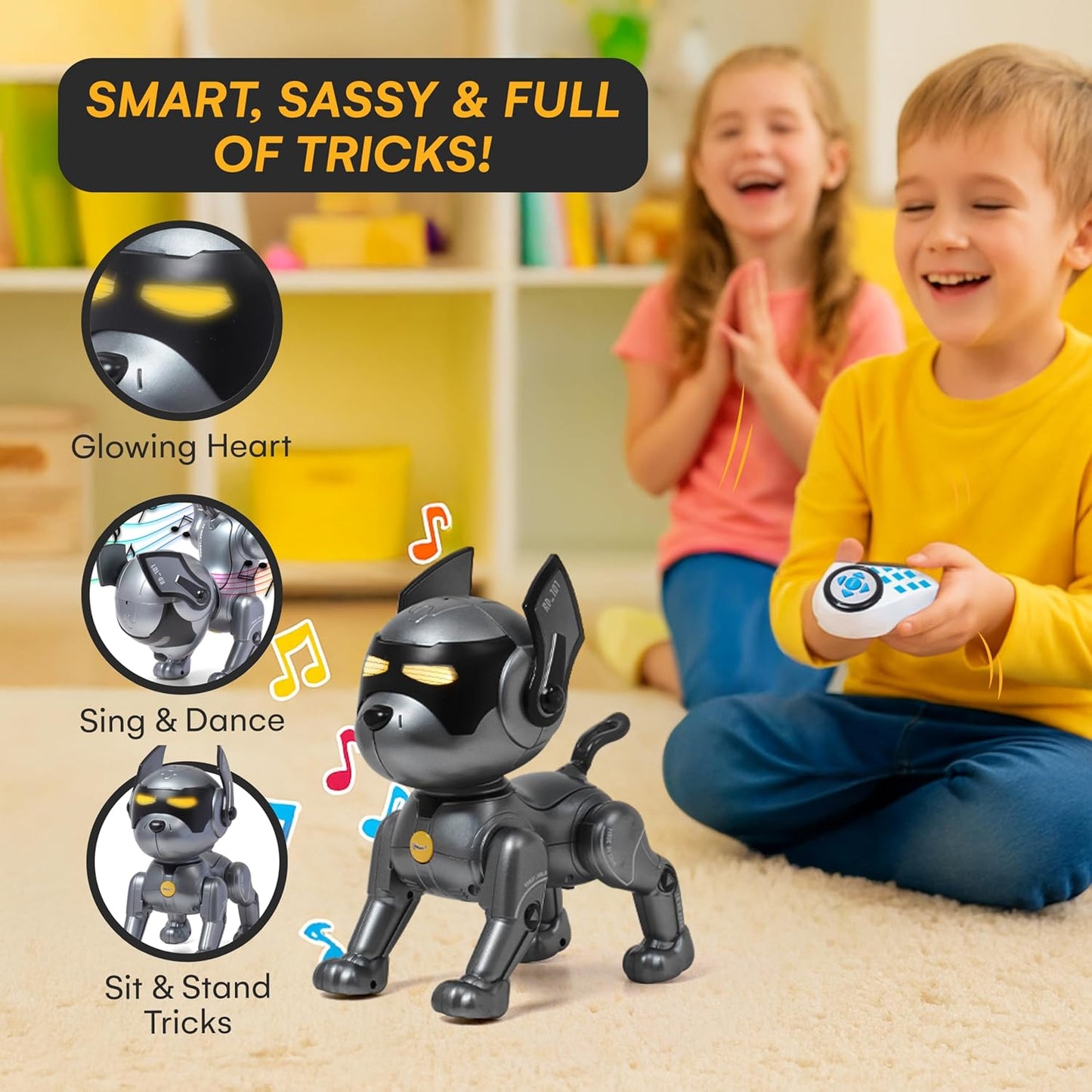 Top Race Robot Dog Toy - Interactive Fun and Educational STEM Remote Control Robot Toy for Kids - Dances, Sits, Stands, Barks, Walks - Rechargeable - Plastic Pet Robot - Dark Grey