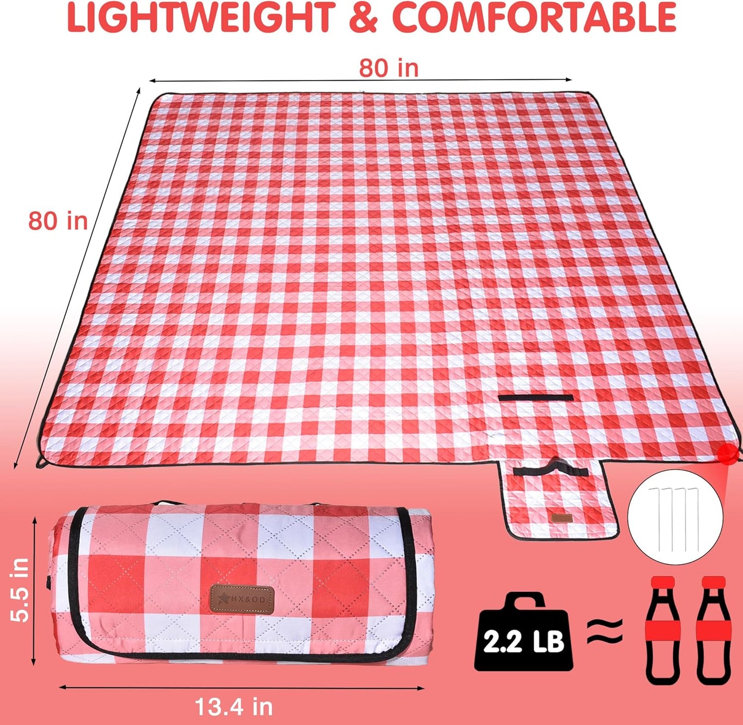 HX&OD Outdoor Picnic Blanket, Extra Large, 80''x80'' Waterproof Foldable Blankets Gingham Picnic Mat for Beach, Camping Grass Lawn Park Accessories Cute Couple Ideas Wedding (Red, 80”x80”)