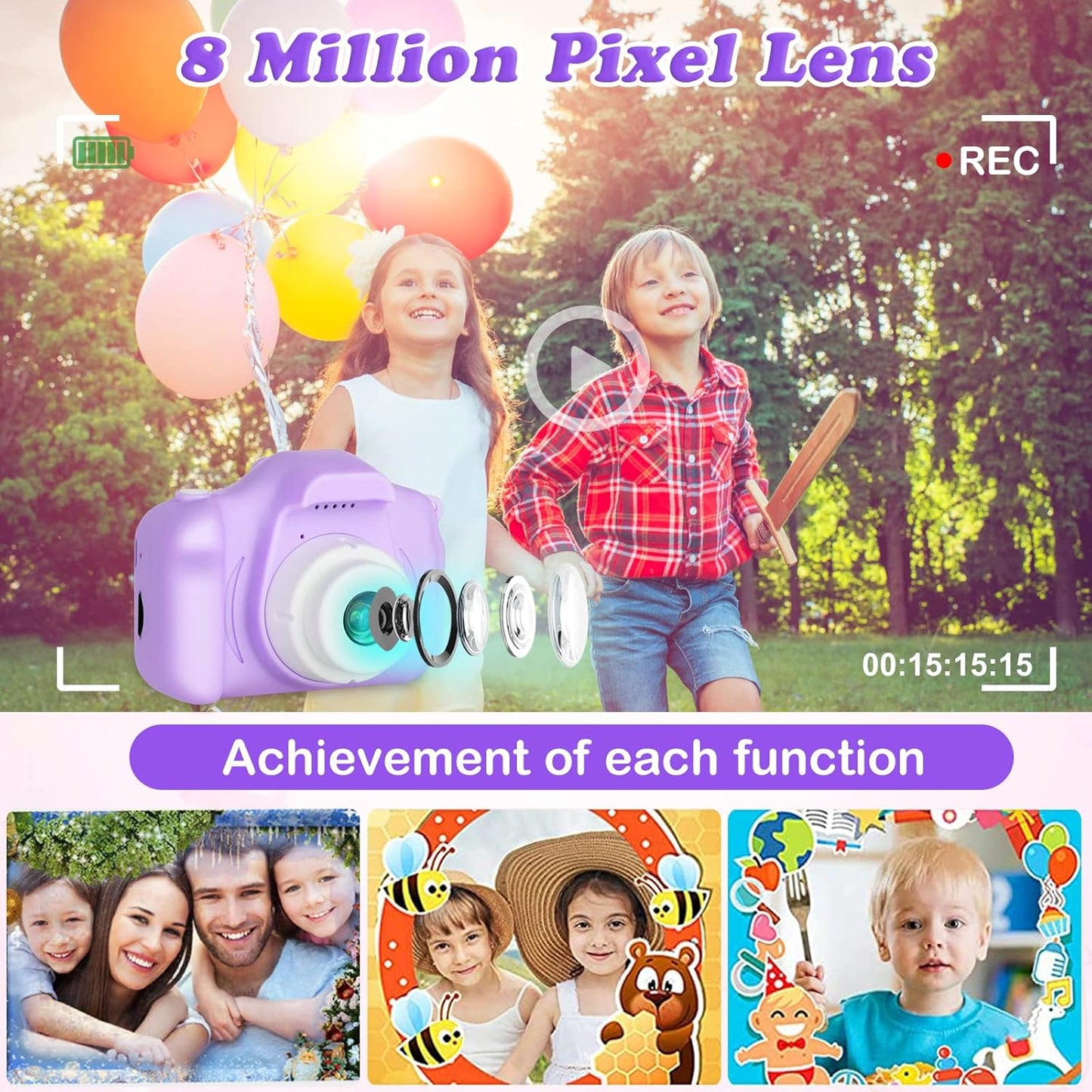 Kids Camera, HD Digital Video Camera, Childrens Toys for 3 4 5 6 7 8 9 Year Old Boys/Girls, Selfie Camera for Kids, Christmas Birthday Gifts with 32GB SD Card (Purple)