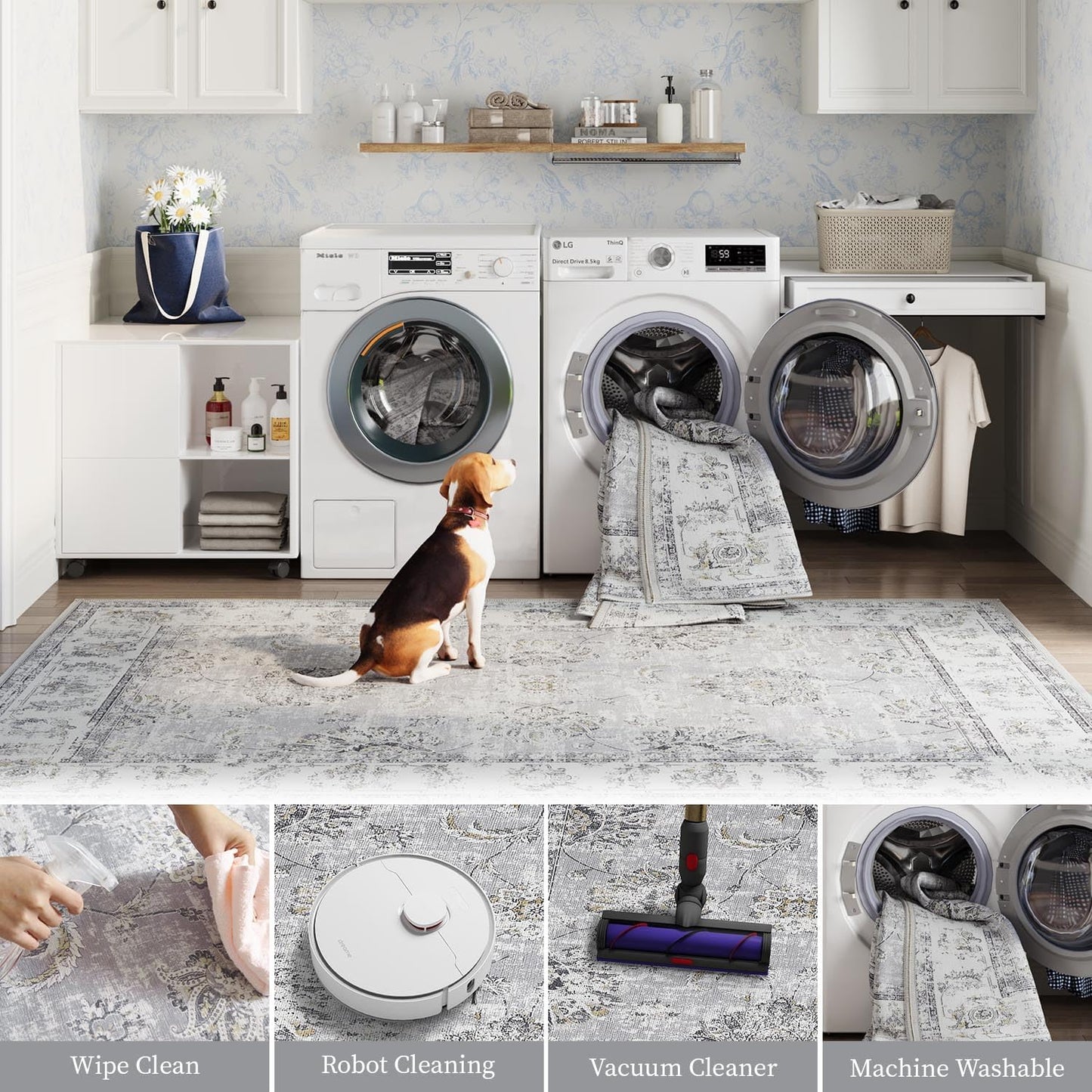 jinchan Hallway Runner Rug 2x8 Machine Washable Runner Rug Grey Vintage Floral Design Non-Slip Ultra-Thin for Kitchen Laundry Room Bedroom Farmhouse (2‘x8',Grey)