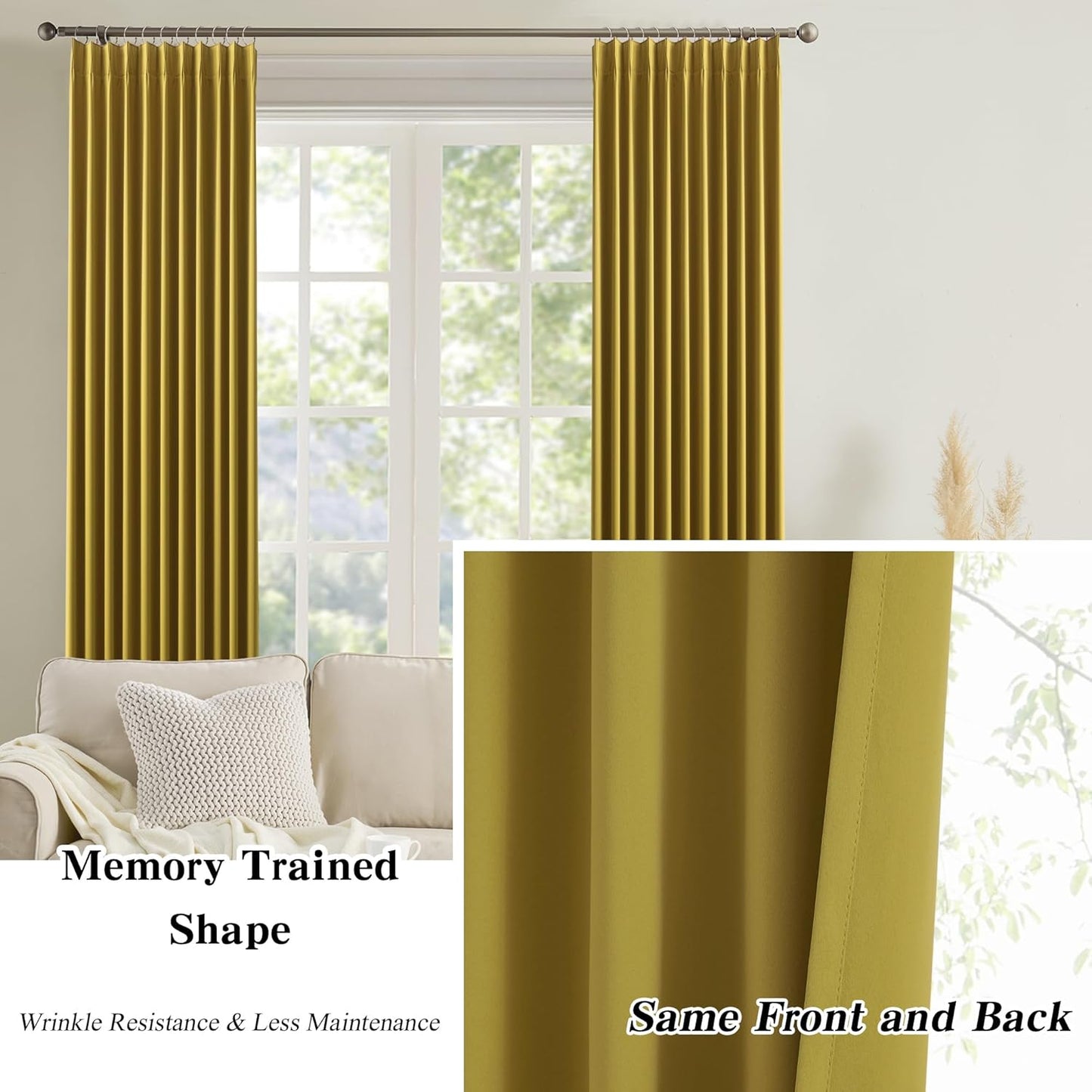 KEQIAOSUOCAI Yellow Pinch Pleated Curtains 84 Inch Length 2 Panels Set Noise Cancelling Window Drapes for Nursery Bedroom Living Room 40x84