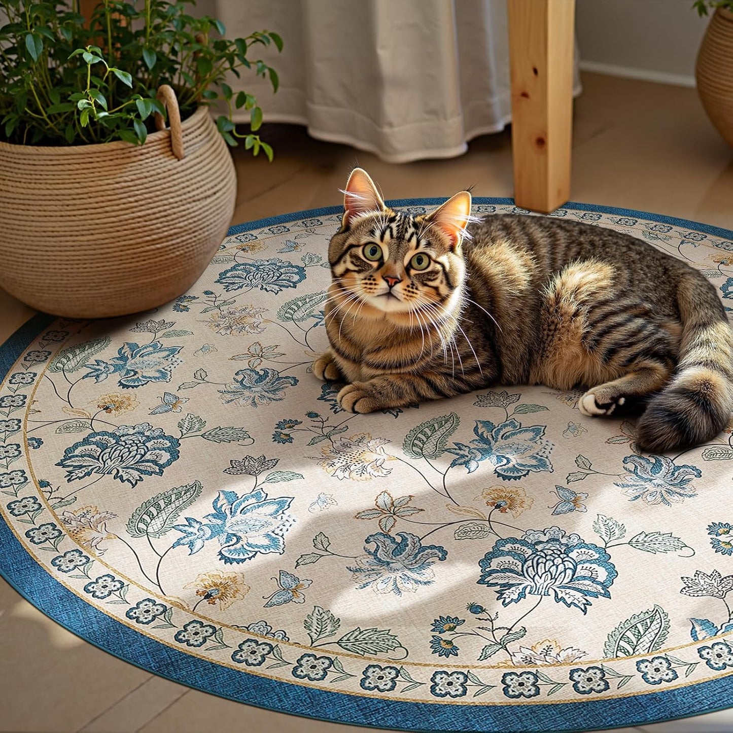 jinchan 4ft Floral Round Rug for Entryway Washable Kitchen Rug Vintage Romance Design Non Slip Indoor Doormat Lightweight Low-Profile Throw Carpet for Living Room Dining Room Bedroom, Blue/Beige